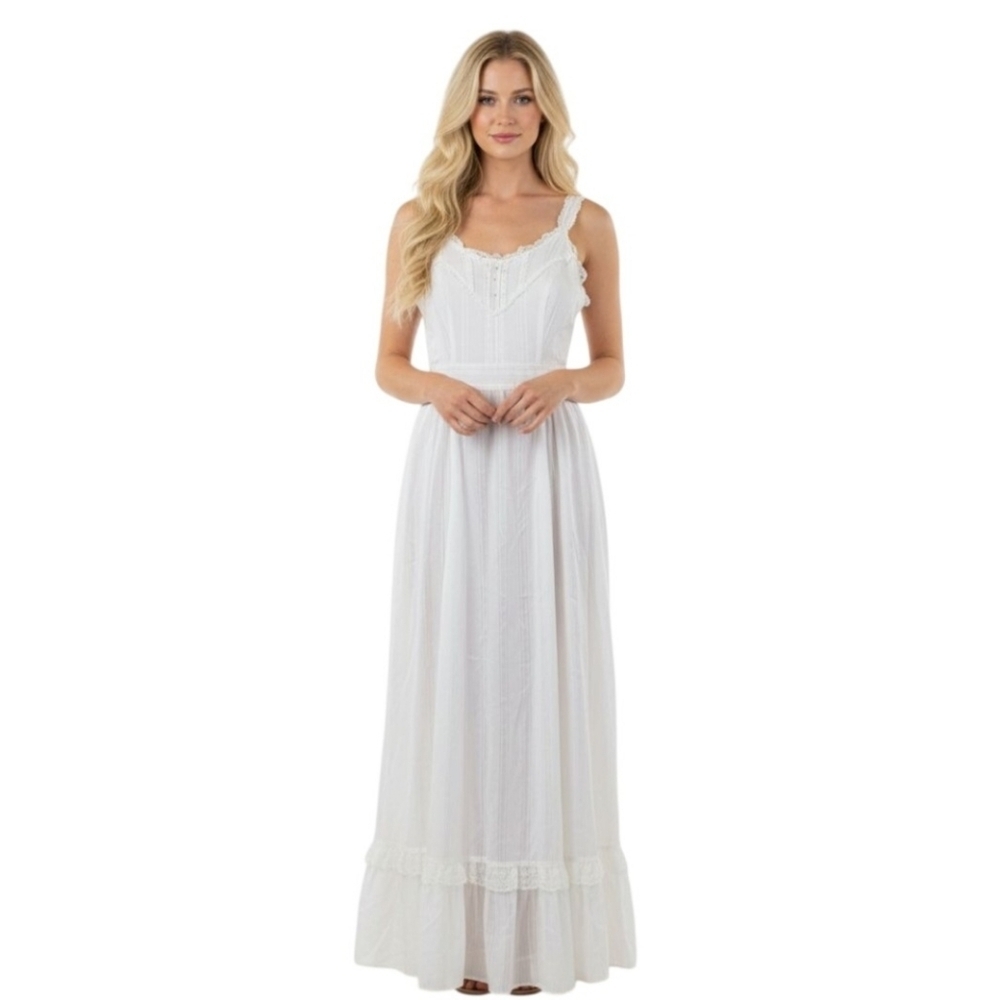 Gunne Sax By Jessica 1970s White Tie Waist Ribbon Lace Detail Maxi Dress Size 7